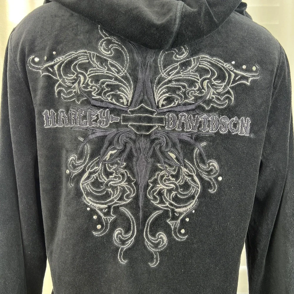 VTG Harley Davidson women XL Velour bling Zip up Hoodie Embroidered Y2K‎ grunge